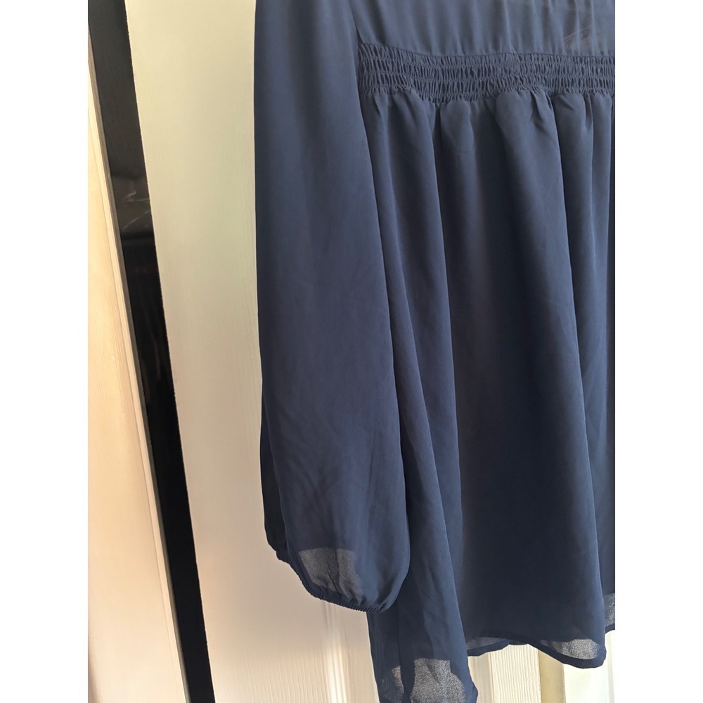 NWT Monteau Navy Blue Chiffon Tunic Blouse Medium Ruffle Neck Sheer - Picture 6 of 11